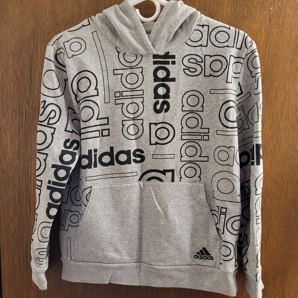 Adidas All Over Print Gray Hoodie Youth‎ Size Large 14 16 Pullover Sweatshirt